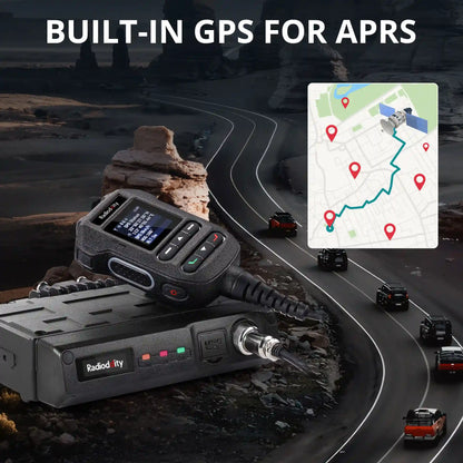 Radioddity DB50-B radio with built-in GPS for APRS on a desert road with map inset.