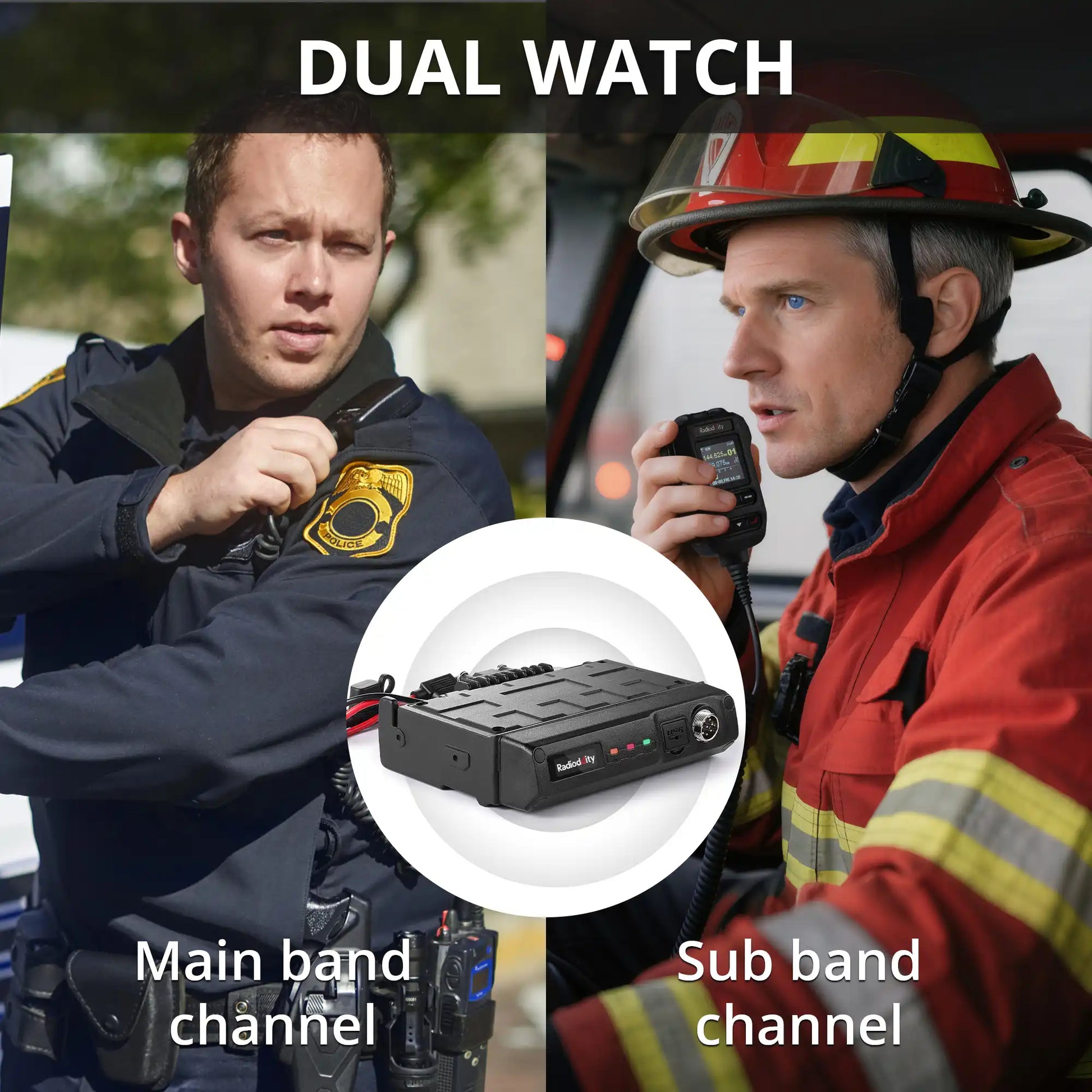 Two people in police and fire rescue uniforms with a dual watch device in the center.