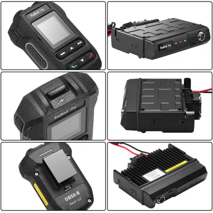 Collage of various Radioddity DB50-B devices and components, likely related to automotive diagnostics.
