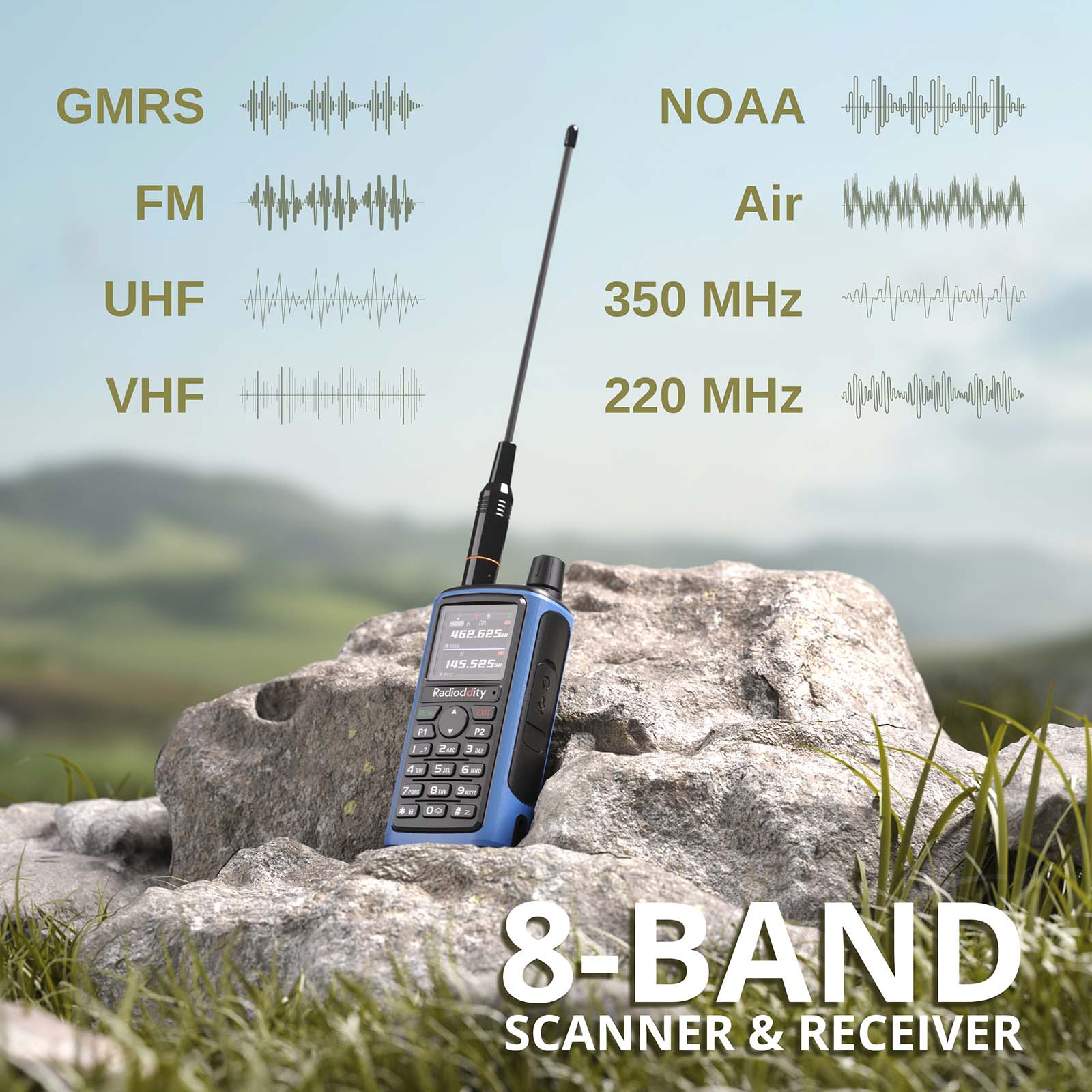 Radioddity GM-30 PRO GMRS Radio 8-band scanner and receiver on a rock with a mountainous background