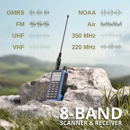 Radioddity GM-30 PRO GMRS Radio 8-band scanner and receiver on a rock with a mountainous background