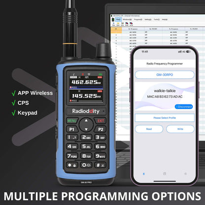 Radioddity GM-30 PRO GMRS Radio with smartphone app displaying programming interface on a black background