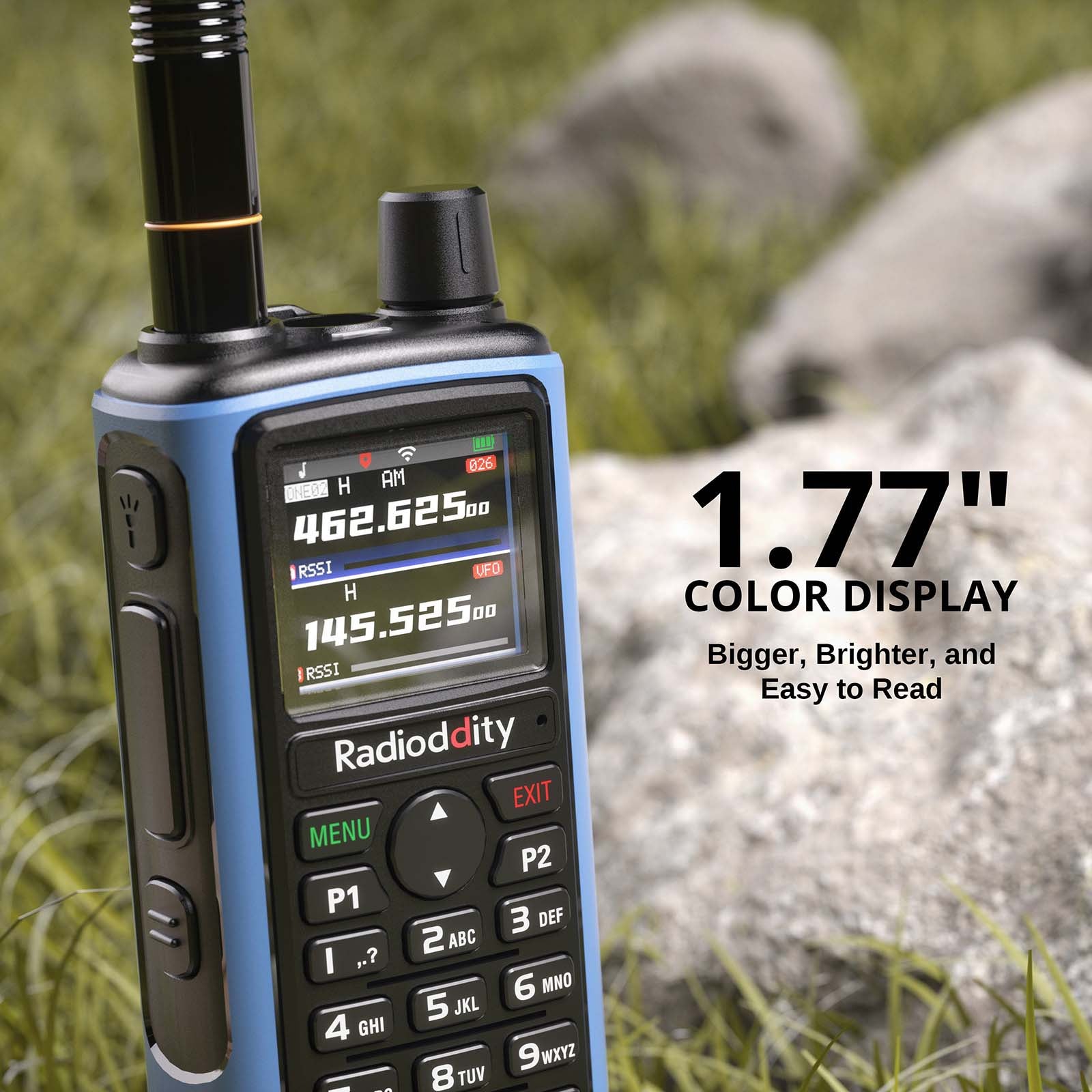 Radioddity GM-30 PRO GMRS Radio with a 1.77" color display in an outdoor setting.