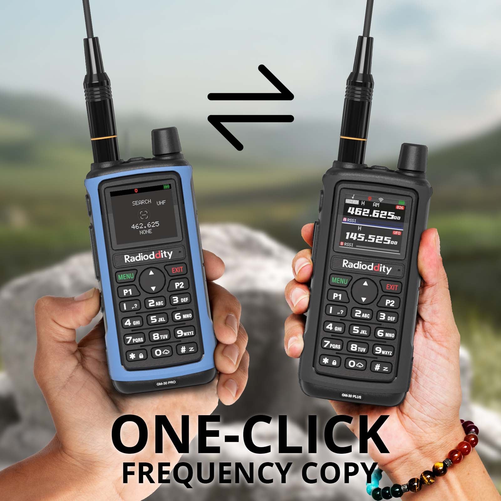 Two Radioddity GM-30 PRO GMRS Radio held by hands with a scenic background