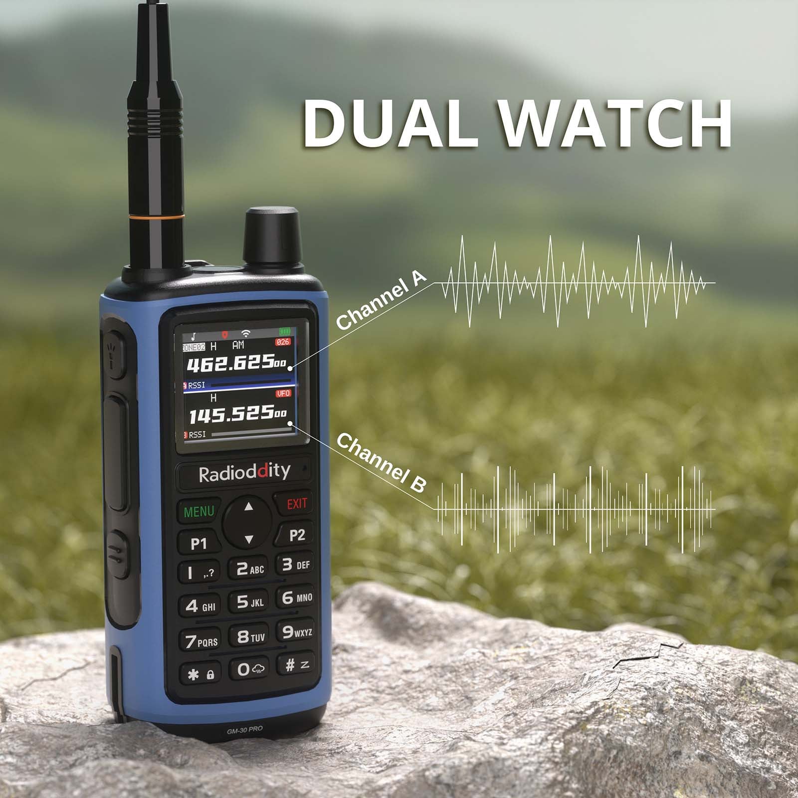 Blue and black Radioddity GM-30 PRO GMRS Radio with digital display on a rock, outdoors.