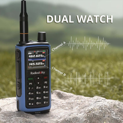 Blue and black Radioddity GM-30 PRO GMRS Radio with digital display on a rock, outdoors.