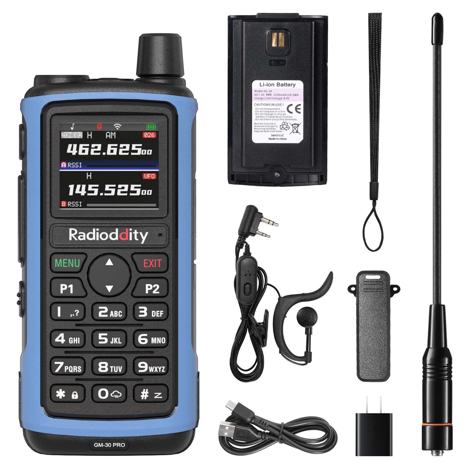 Radioddity GM-30 PRO GMRS Radio communication device with accessories on a white background