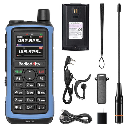 Radioddity GM-30 PRO GMRS Radio communication device with accessories on a white background