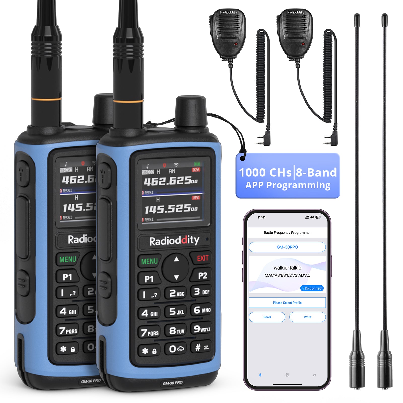 Two blue Radioddity GM-30 PRO GMRS Radio with accessories and a smartphone app on a white background