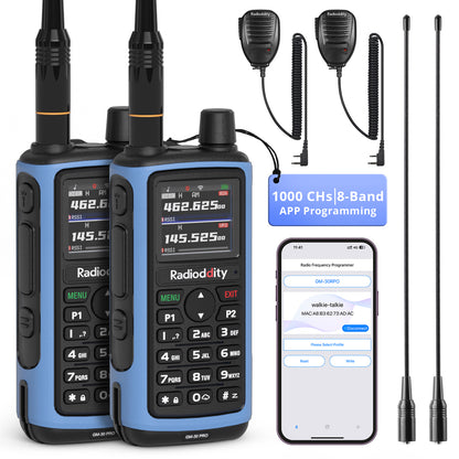 Two blue Radioddity GM-30 PRO GMRS Radio with accessories and a smartphone app on a white background