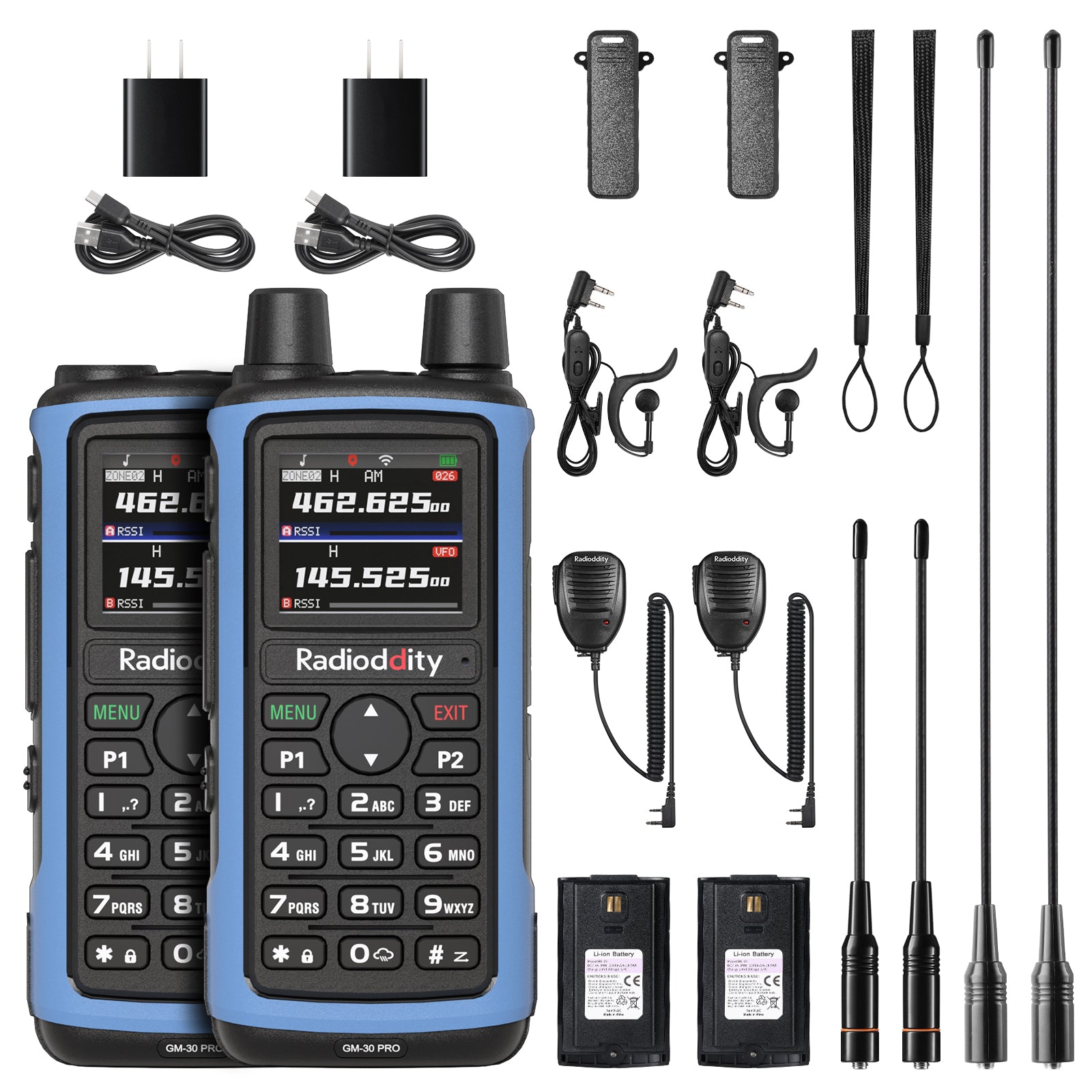 Radioddity GM-30 PRO GMRS Radio with accessories including antennas, earpieces, and chargers on a white background