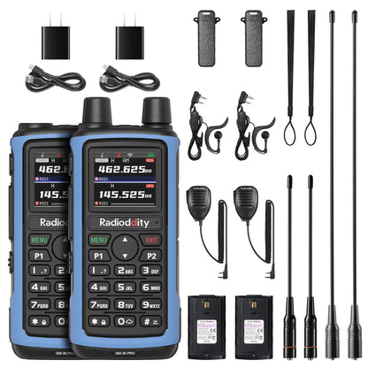 Radioddity GM-30 PRO GMRS Radio with accessories including antennas, earpieces, and chargers on a white background
