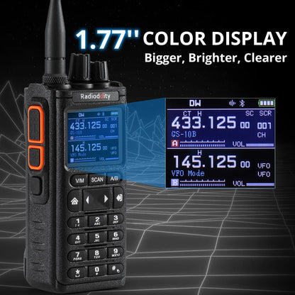 Radioddity GS-10B 10W Ham Radio | Multi-Band TX & RX | BT APP Programmable | Dual PTT | Color Display | USB-C