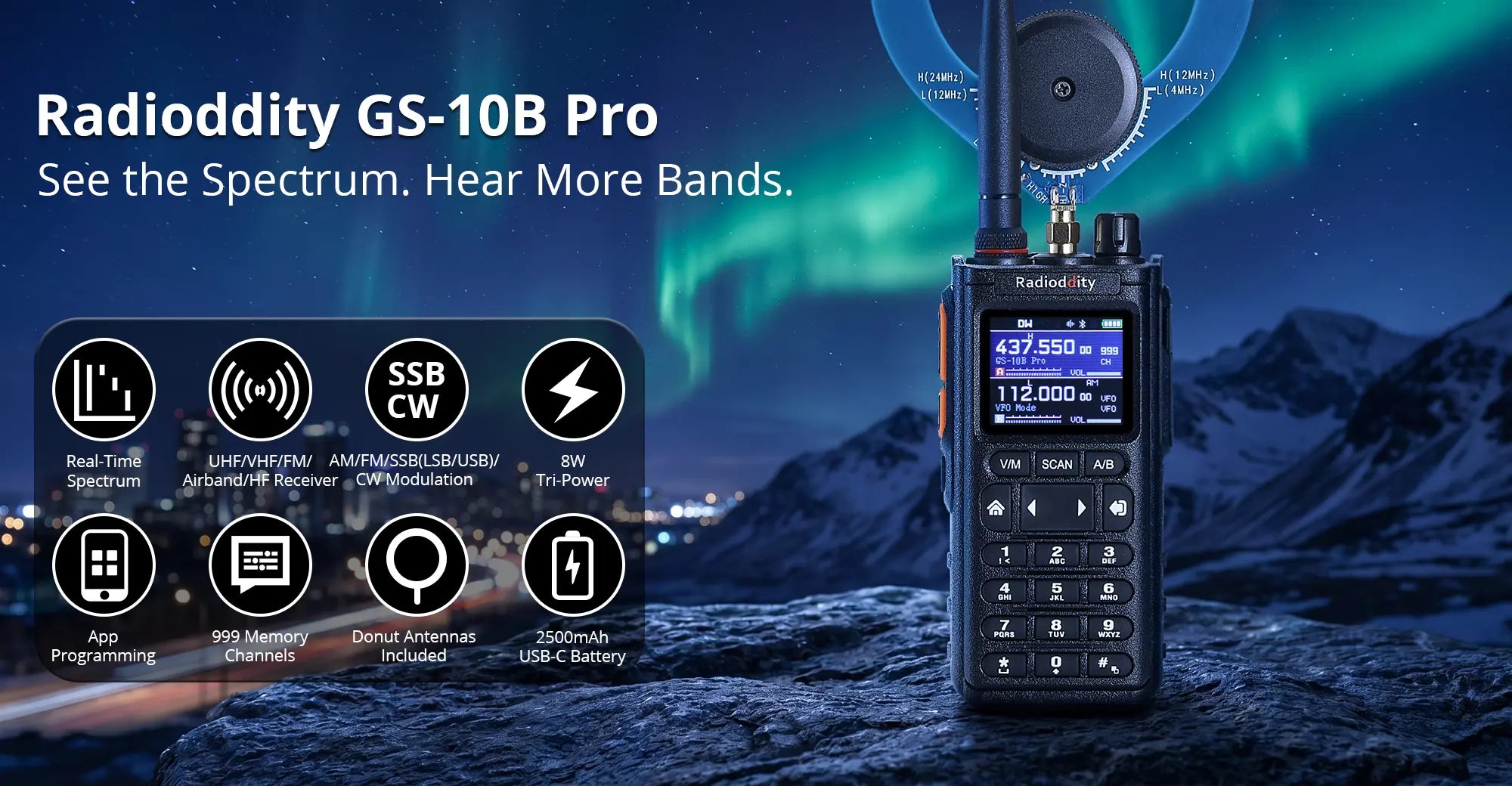 Radioddity GS-10B Pro radio with digital display against a mountain and aurora background