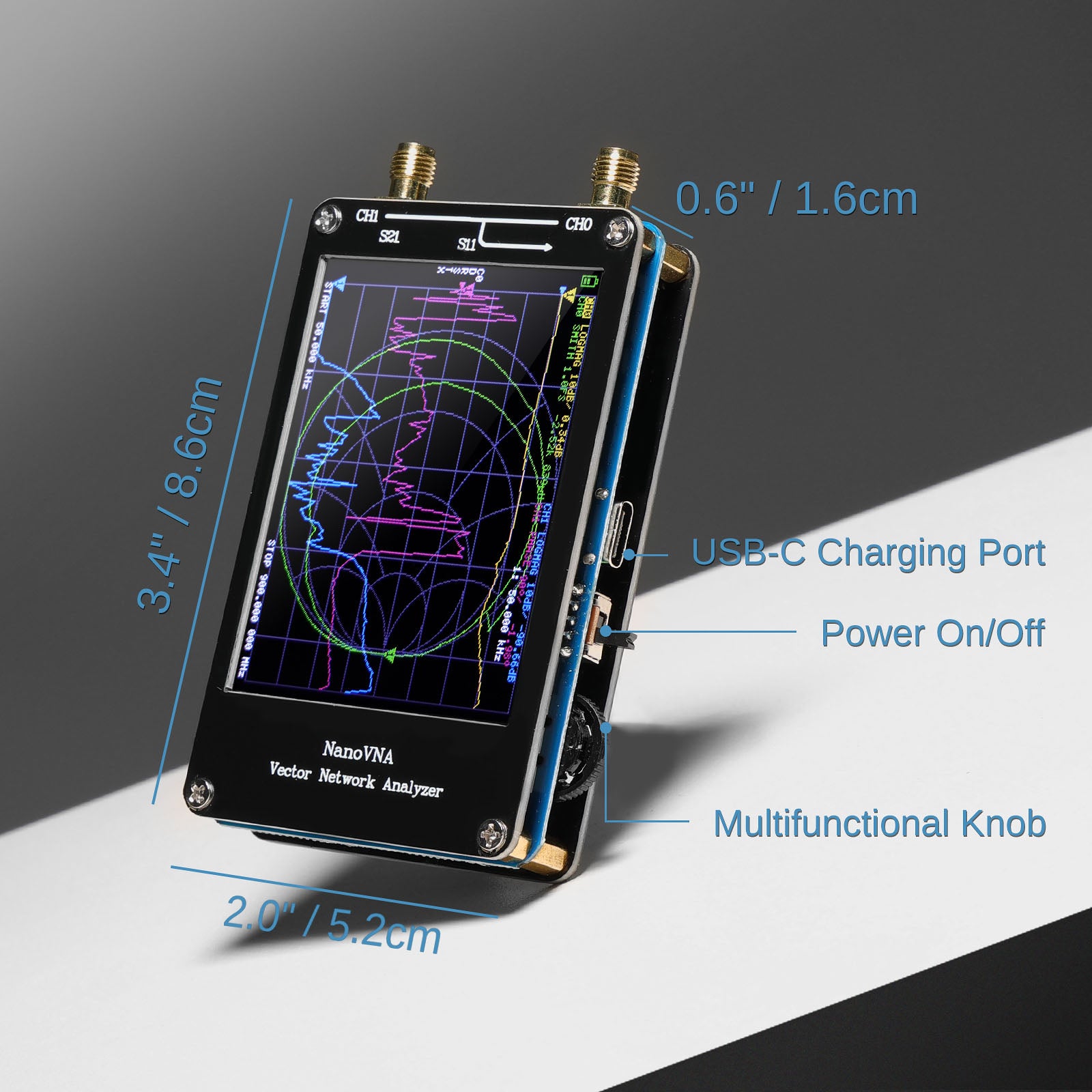 NanoVNA-H Vector Network Analyzer size & button details