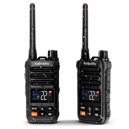 Two Radioddity X1 walkie-talkies on a white background