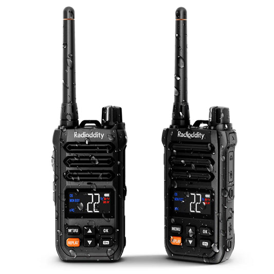 Two Radioddity X1 walkie-talkies on a white background