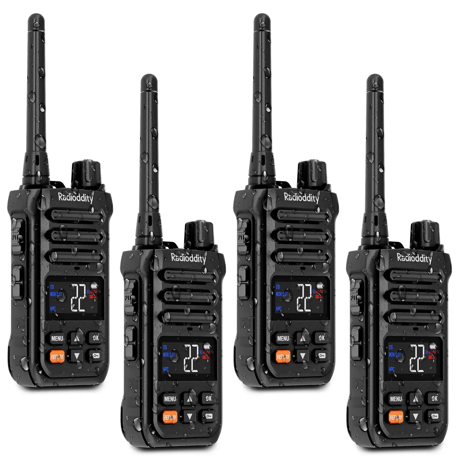 Four black X1 walkie-talkies with digital displays on a white background