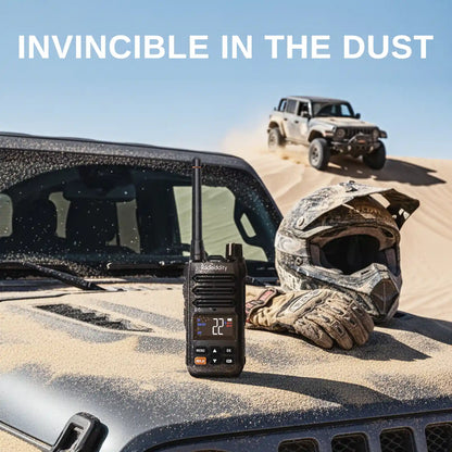 Rugged X1 radio device on a vehicle with desert landscape and text 'Invincible in the Dust'.