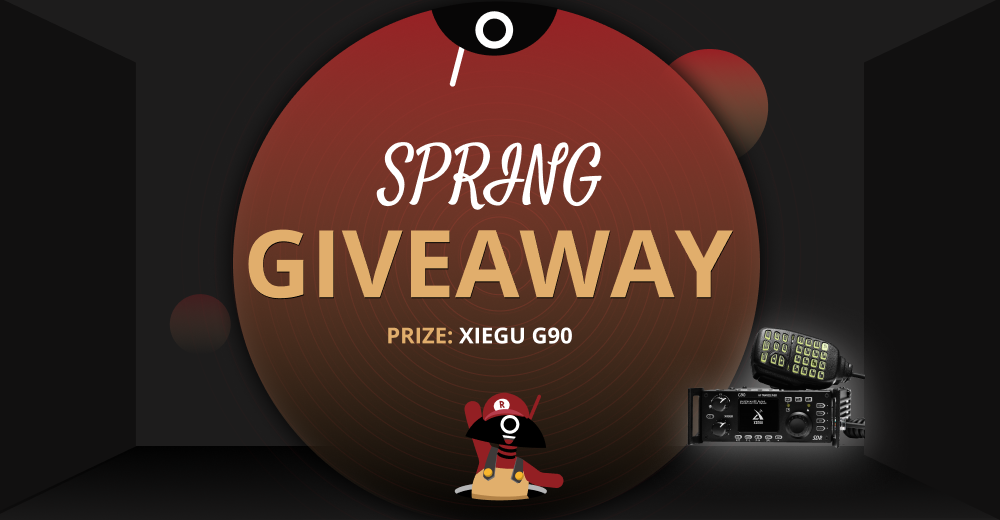 Promotional graphic for a spring giveaway with a prize XIEGU G90 on a dark background.