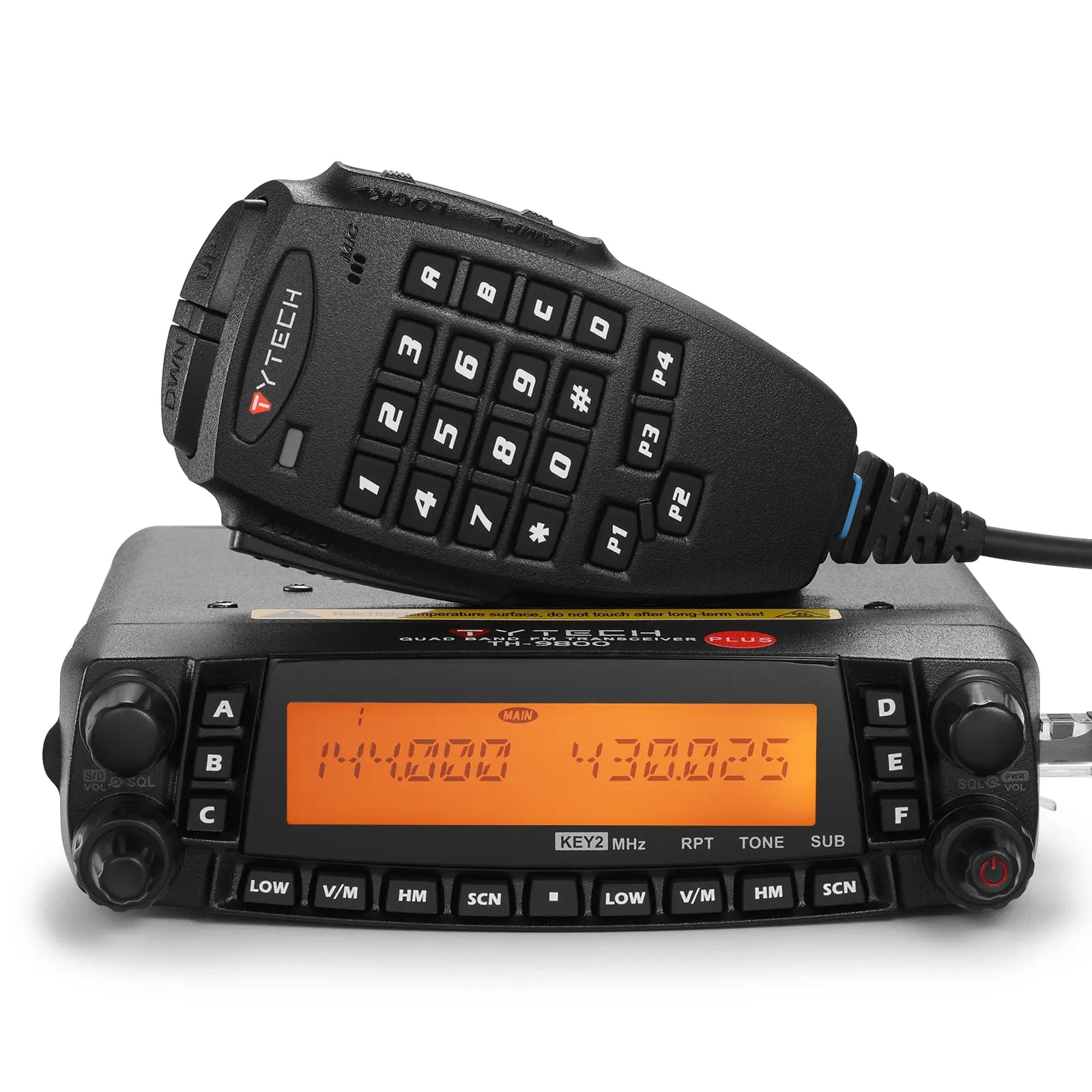 TYT/TYTECH TH-9800 Plus radio communication device with keypad and display on a white background