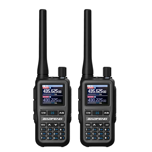 Two black walkie-talkies with digital displays on a white background