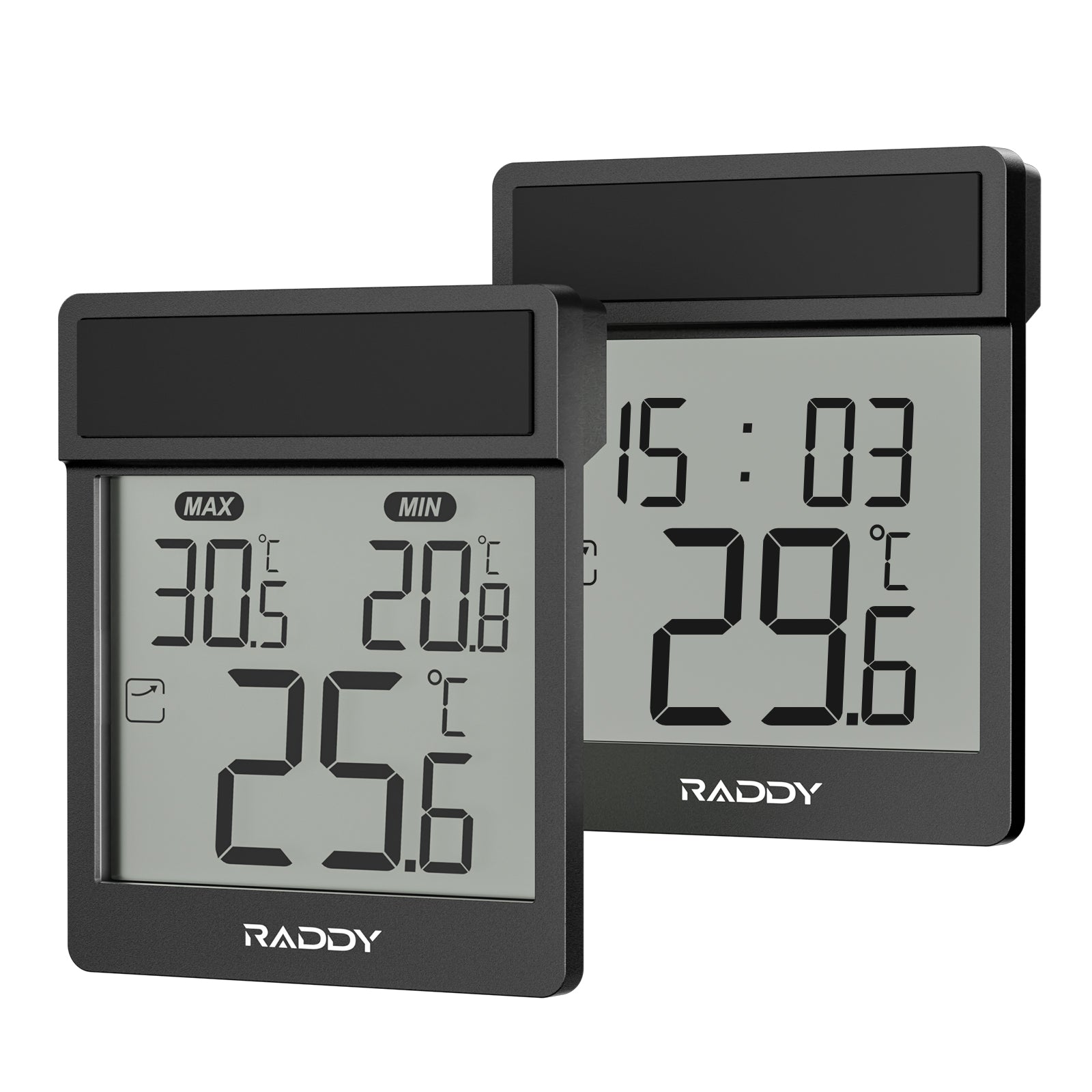 Two WT-1 thermometers with temperature display on a white background, branded 'Raddy'.