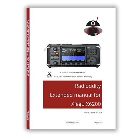 A manual cover for the Radiodiffity Extended manual for Xiegu X6200, featuring a white background with a red spine band, a red title block, and a photo of a black handheld radio with a blue screen.