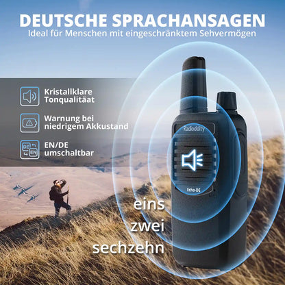 Two Echo-DE/IT walkie-talkies with a person in the background, set against a scenic landscape.