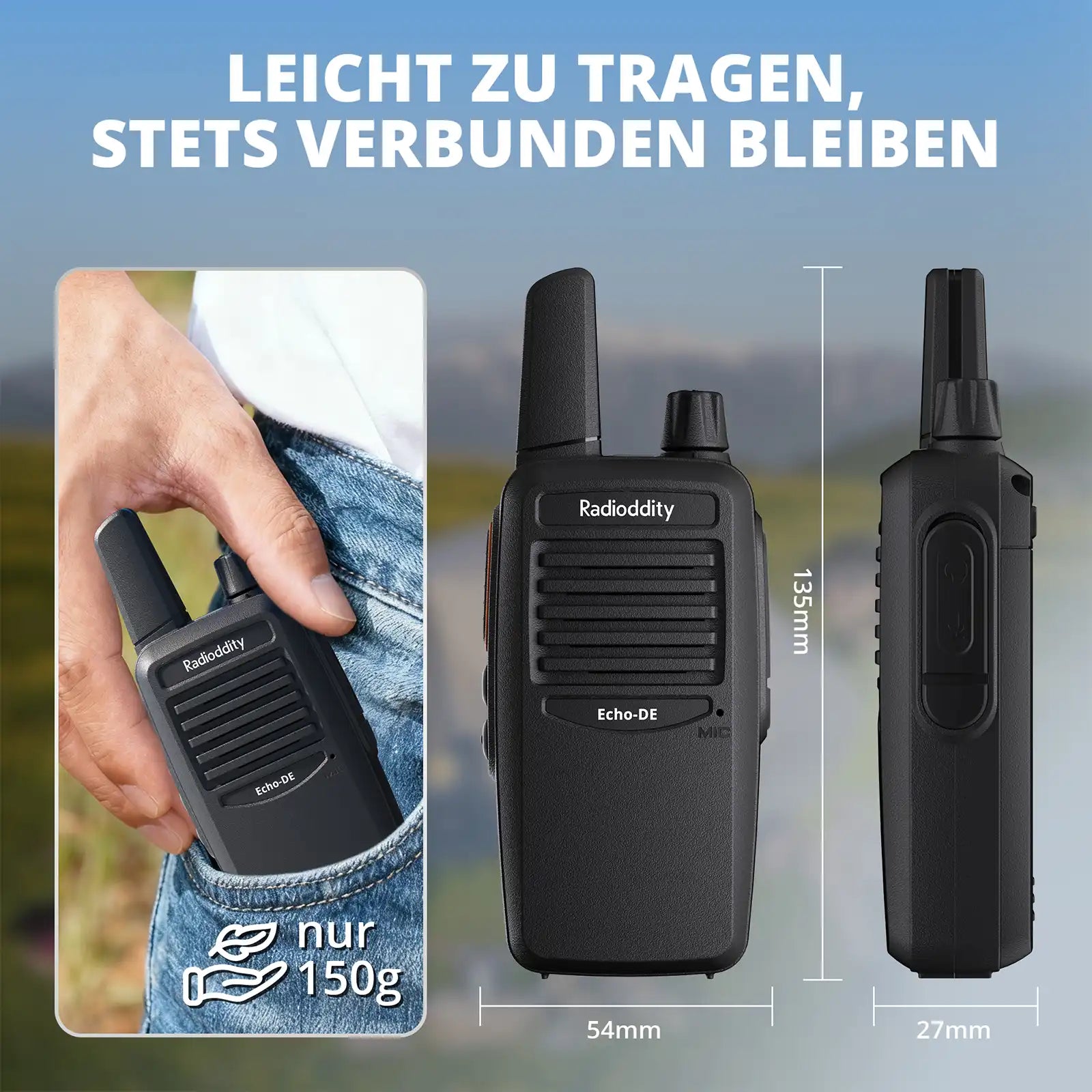 Radioddity Echo-DE/IT walkie-talkies with a person holding one, showing size and weight details.
