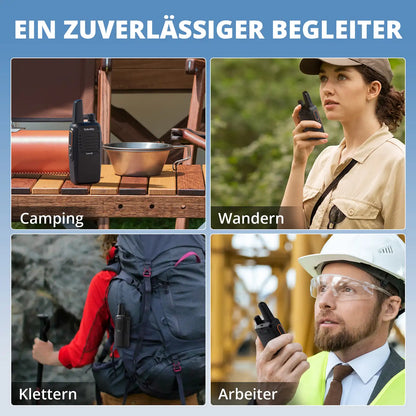 Collage of people using Echo-DE/IT walkie-talkies in various settings with text 'EIN ZUVERLßlSSIGER BEGLEITER' at the top.