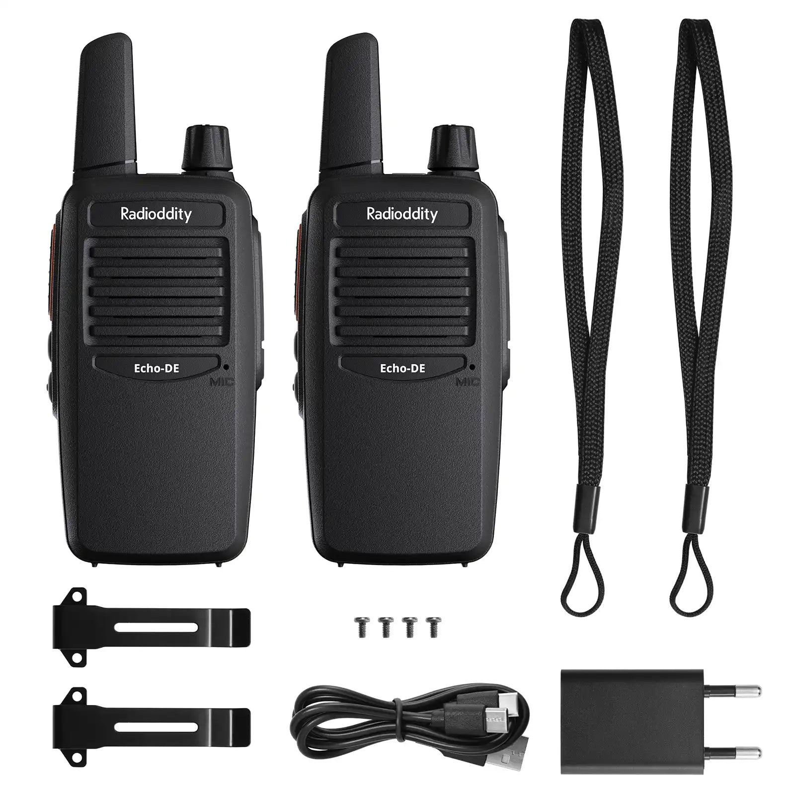 Radioddity Echo DE walkie-talkies with accessories on a white background