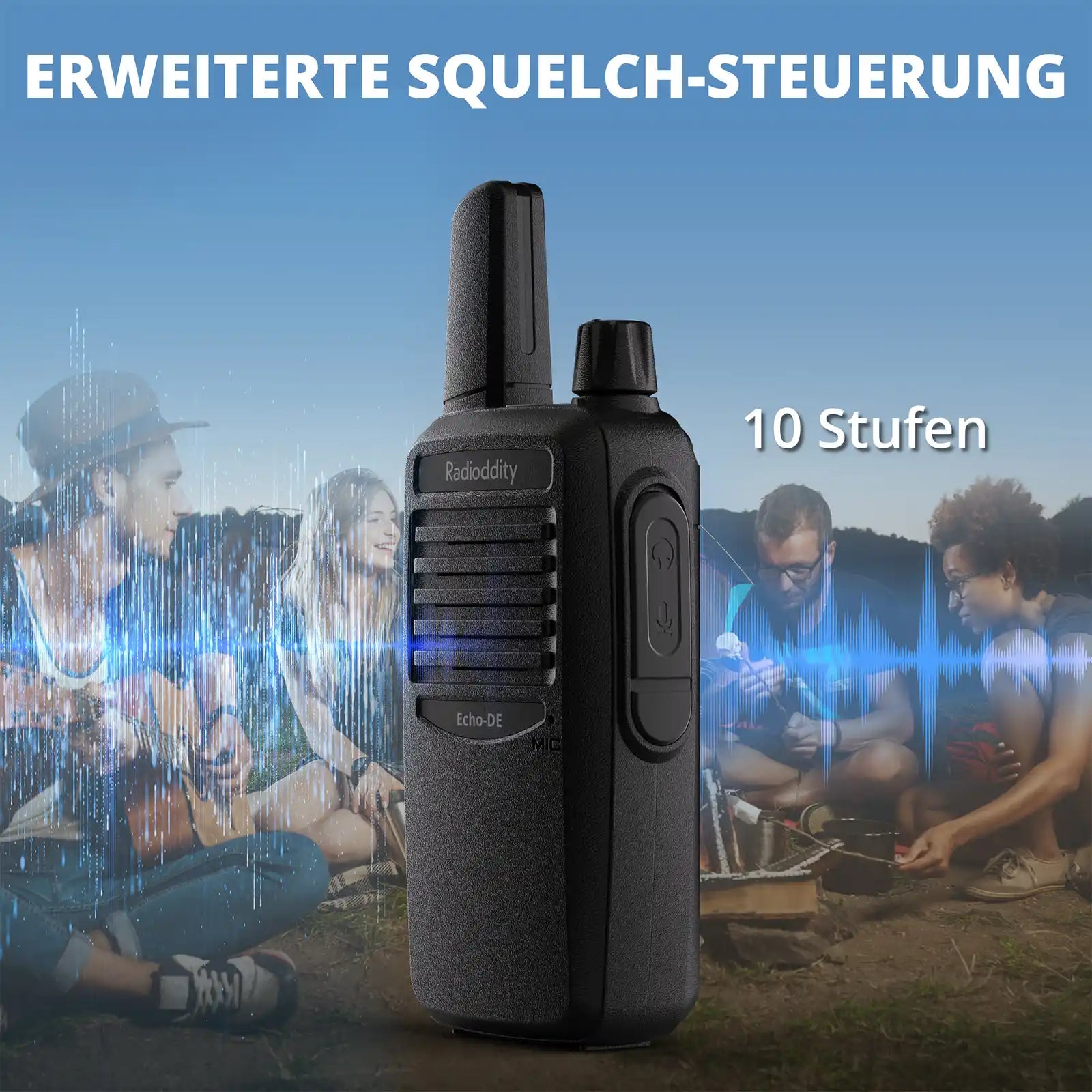 Black Echo-DE/IT walkie-talkie with 'Radioddity' branding against a background of people camping.