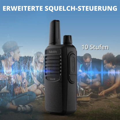 Black Echo-DE/IT walkie-talkie with 'Radioddity' branding against a background of people camping.
