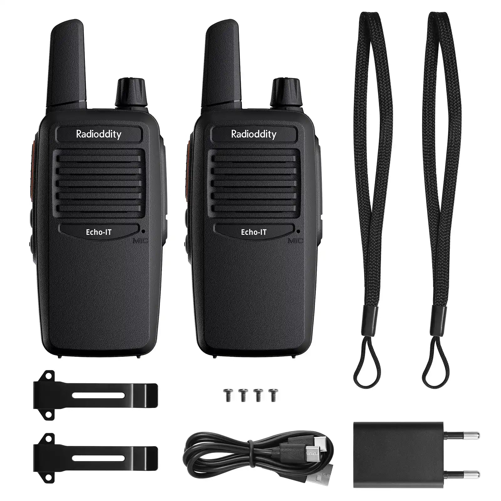 Two Radioddity Echo IT walkie-talkies with accessories on a white background