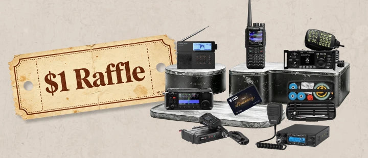 A promotional graphic for a '$1 Raffle' featuring a collection of amateur radio equipment, including walkie-talkies, a transceiver, and a power supply, arranged on a textured beige background next to a rustic paper tag.