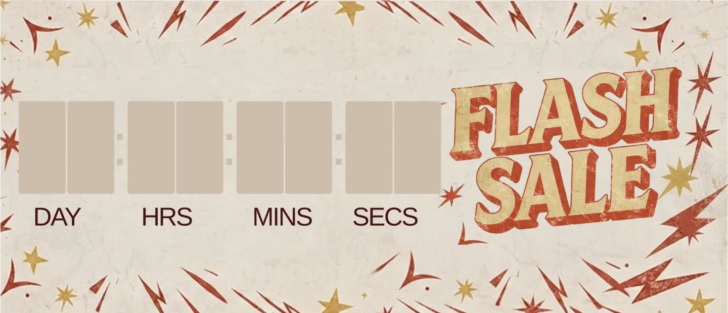 A promotional sale banner with the words 'FLASH SALE' in large retro-style lettering on the right, and four blank rectangular time blocks labeled DAY, HRS, MINS, and SECS on the left. The background is a warm off-white/cream with decorative red and gold starburst graphics.