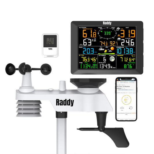 Raddy WF-100C Professional Weather Station | Wireless Sensor | Large Display | Rain Gauge Wind Speed Solar Alarm Clock - Radioddity