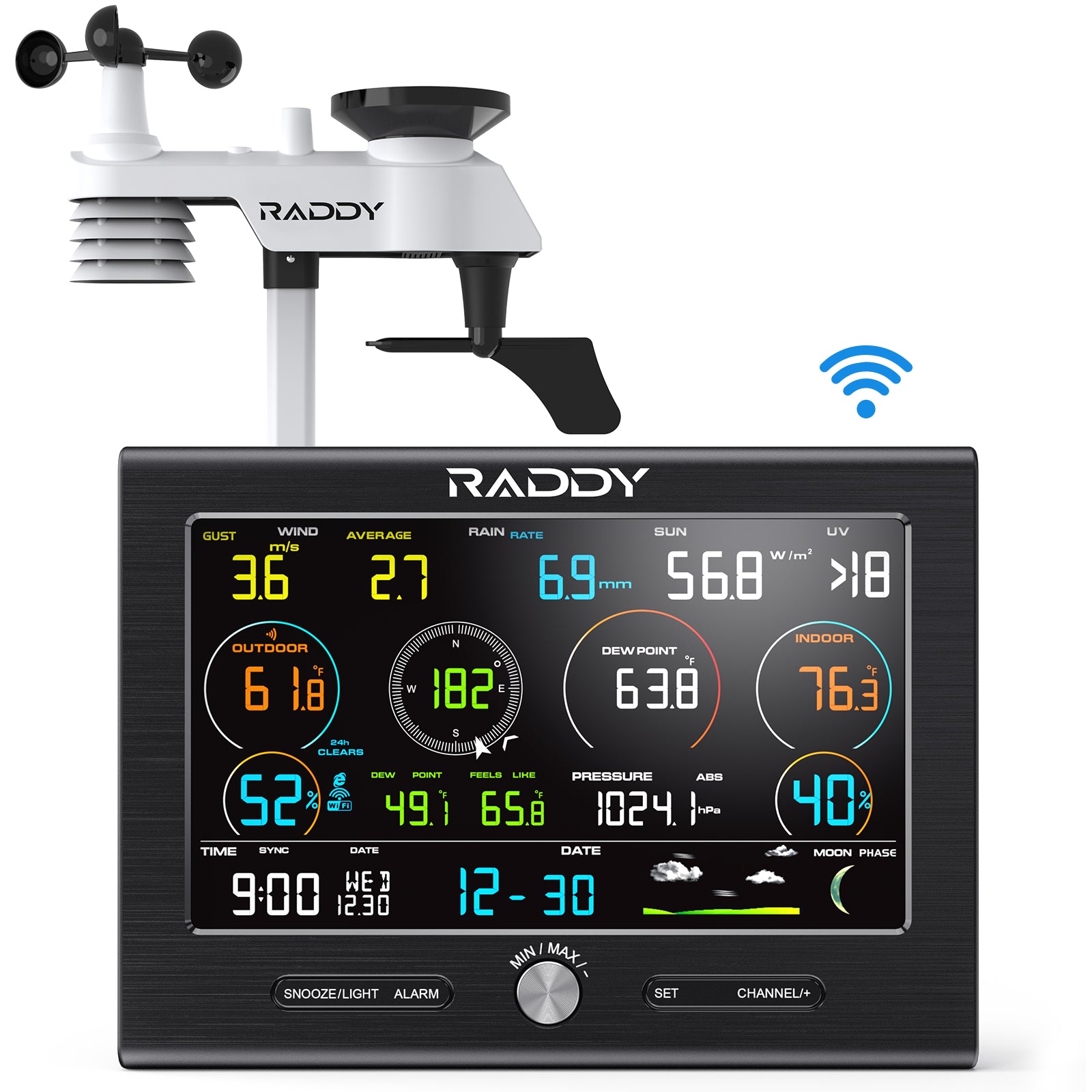 Raddy L7 LoRa Weather Station | Wi-Fi Indoor/Outdoor | 1.9 Miles | 7.2" Display | Rain Gauge | Thermometer | Humidity Sensor - Radioddity