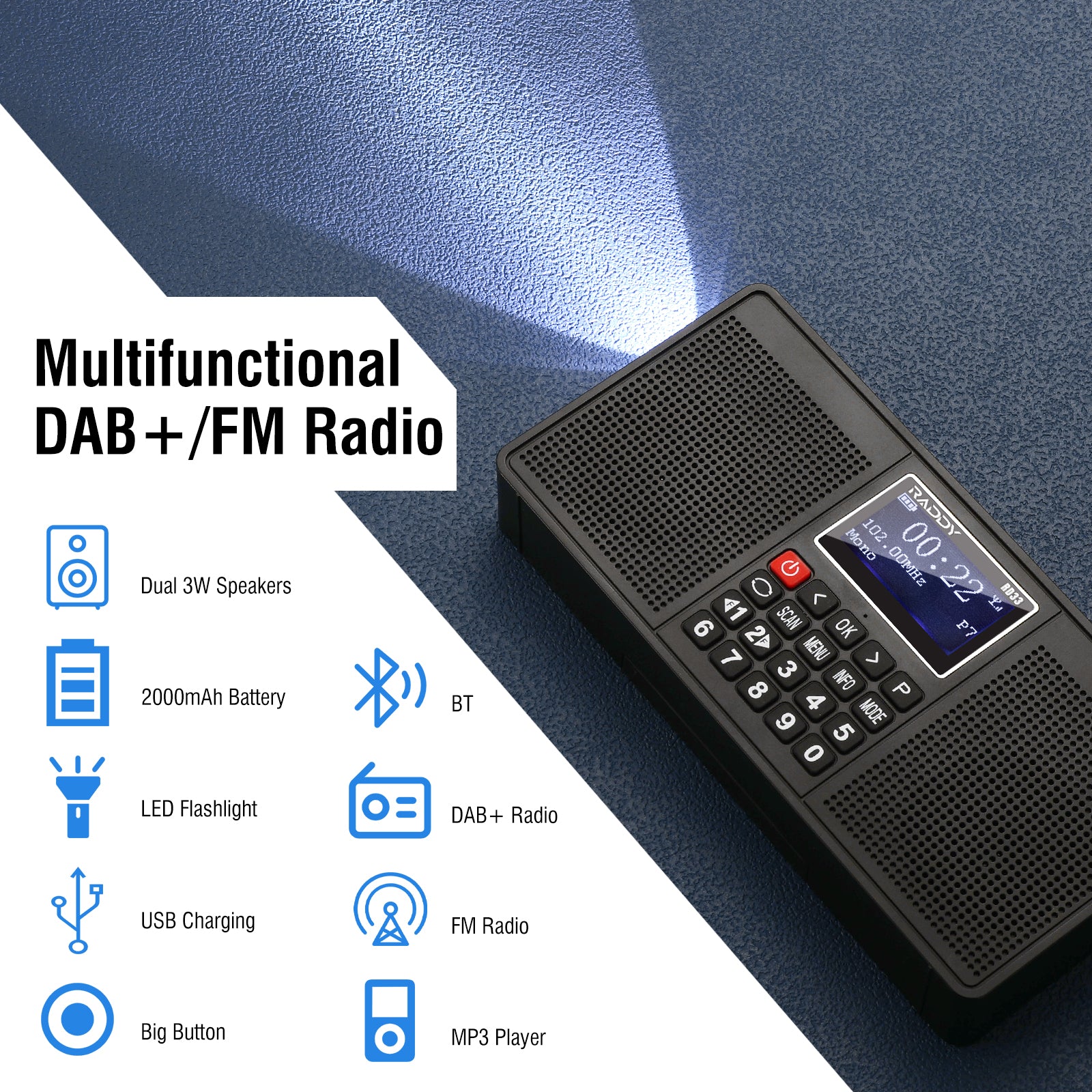 Raddy RD33 Tragbares FM DAB Radio | Digitales Wiederaufladbares | MP3 Musik-Wiedergabe | Unterstützung von Bluetooth [DISCONTINUED] - Radioddity