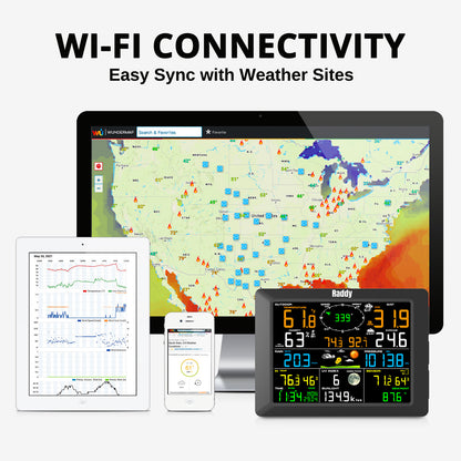 Raddy WF-100C Professional Weather Station | Wireless Sensor | Large Display | Rain Gauge Wind Speed Solar Alarm Clock - Radioddity