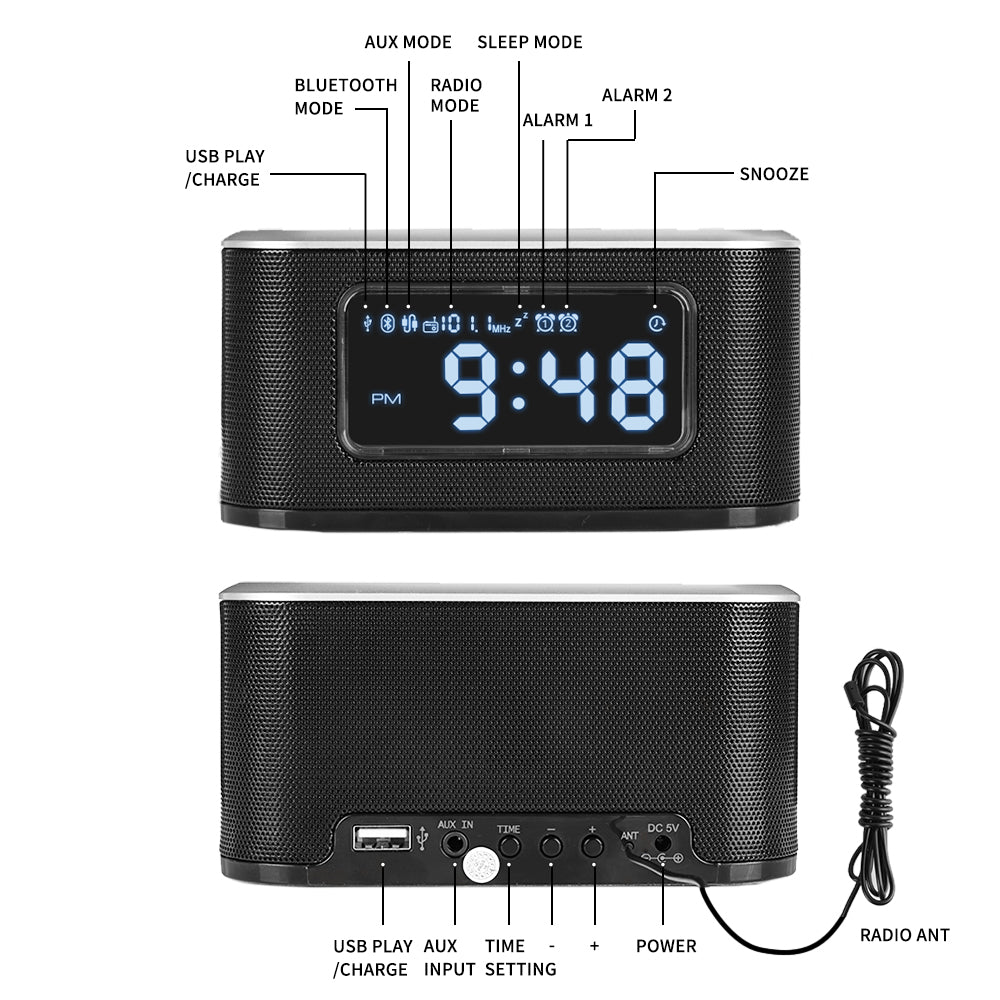 InstaBox W33 Wireless Charging Alarm Clock Radio Dual Speaker - Radioddity