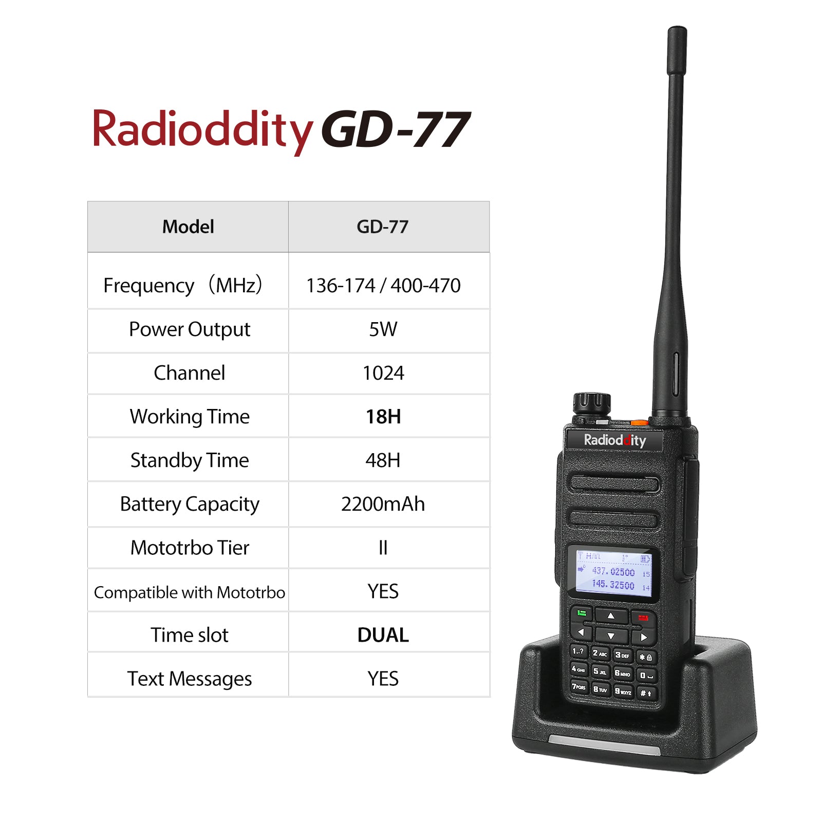 GD-77 DMR Dual Band Dual Time Slot Two Way Radio + Cable [4 Pack] - Radioddity