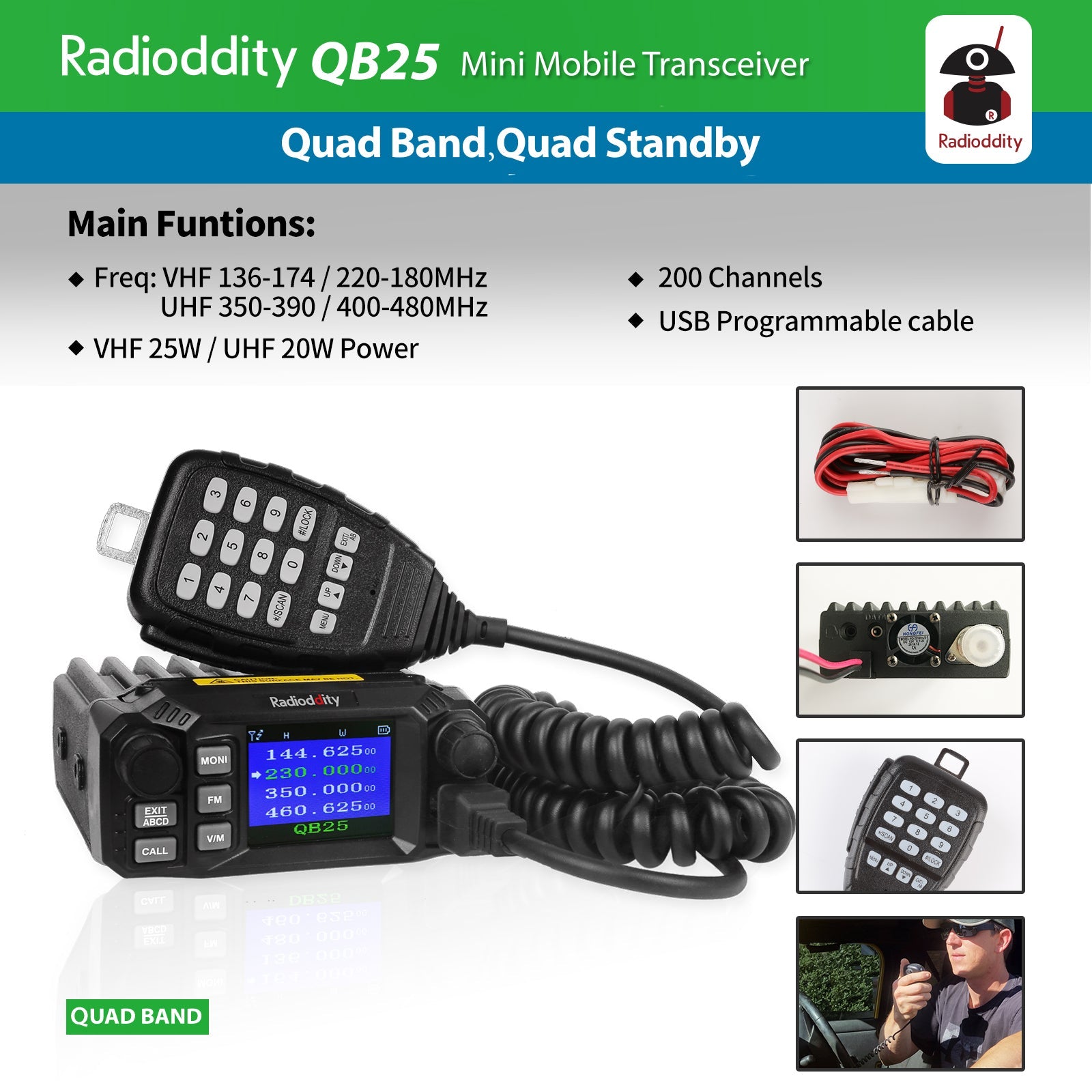 QB25 Pro Quad Band Mini Mobile Radio+ Cable + 50W Antenna - Radioddity