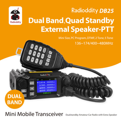 DB25 Pro Dual Band Quad-standby Mini Mobile Radio + 50W Antenna + Cable - Radioddity