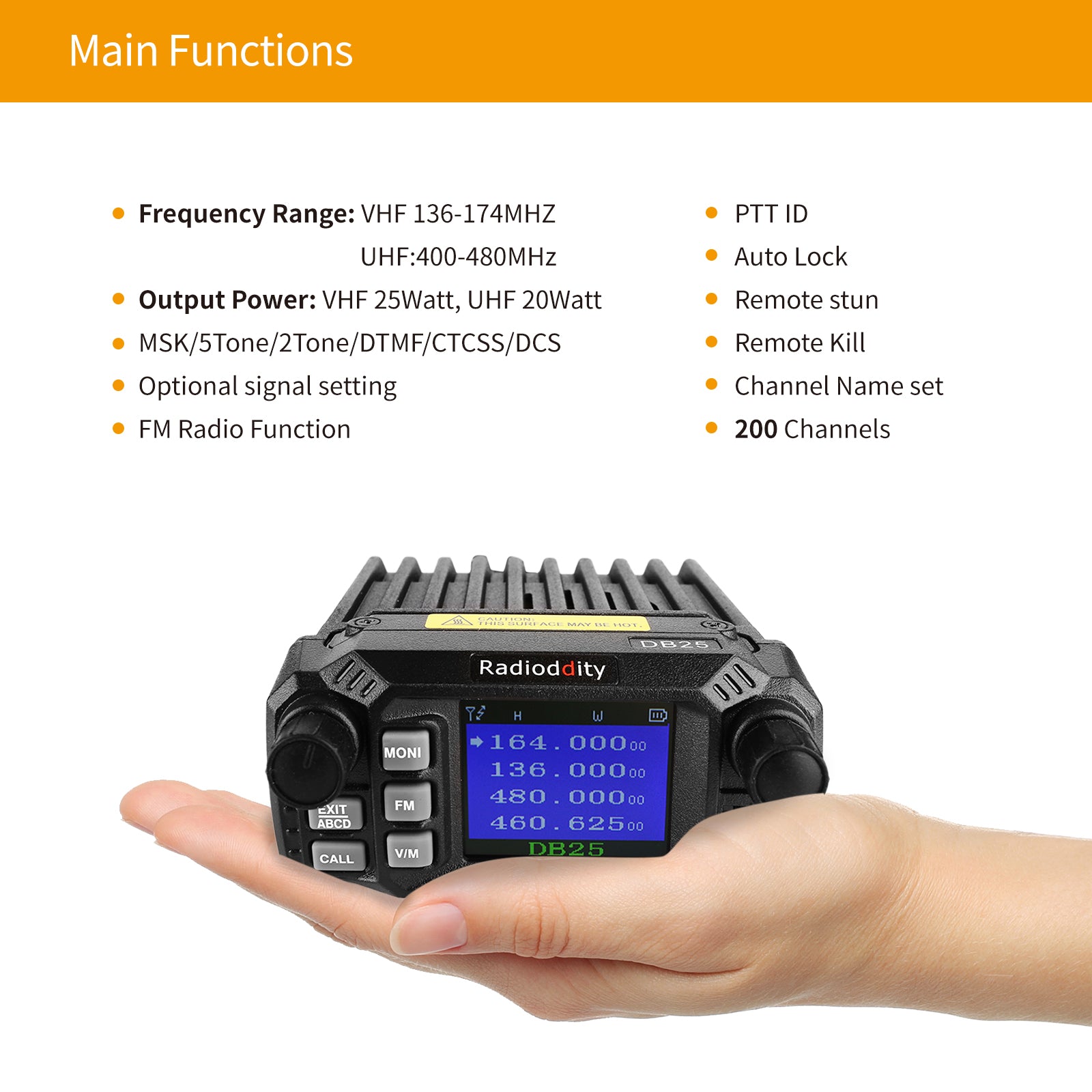 DB25 Pro Dual Band Quad-standby Mini Mobile Radio + 50W Antenna + Cable - Radioddity