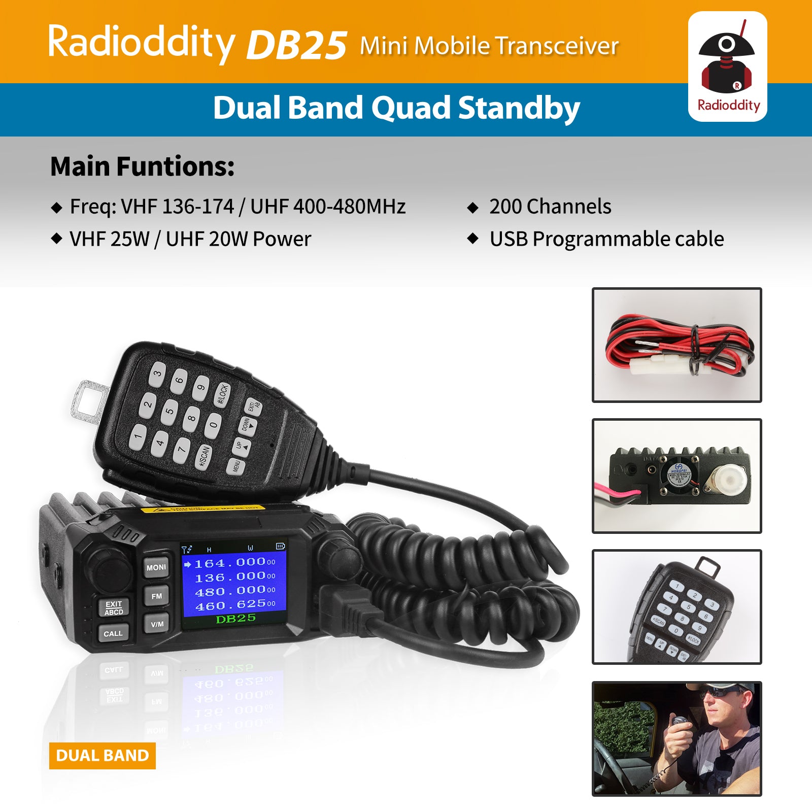 DB25 Pro Dual Band Quad-standby Mini Mobile Radio + 50W Antenna + Cable - Radioddity