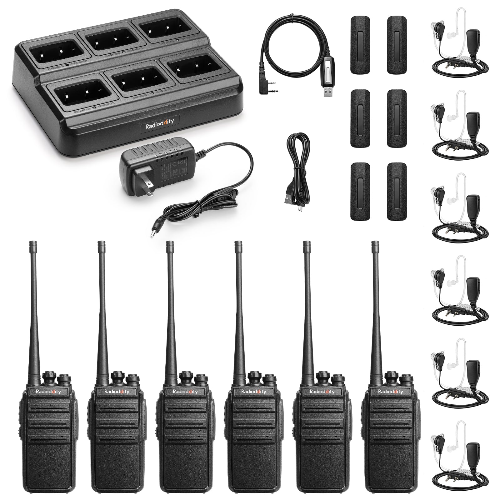 Radioddity GA-2S UHF Radio | VOX | Squelch | with 6-Way Charger Station [6 Pack+Cable] - Radioddity