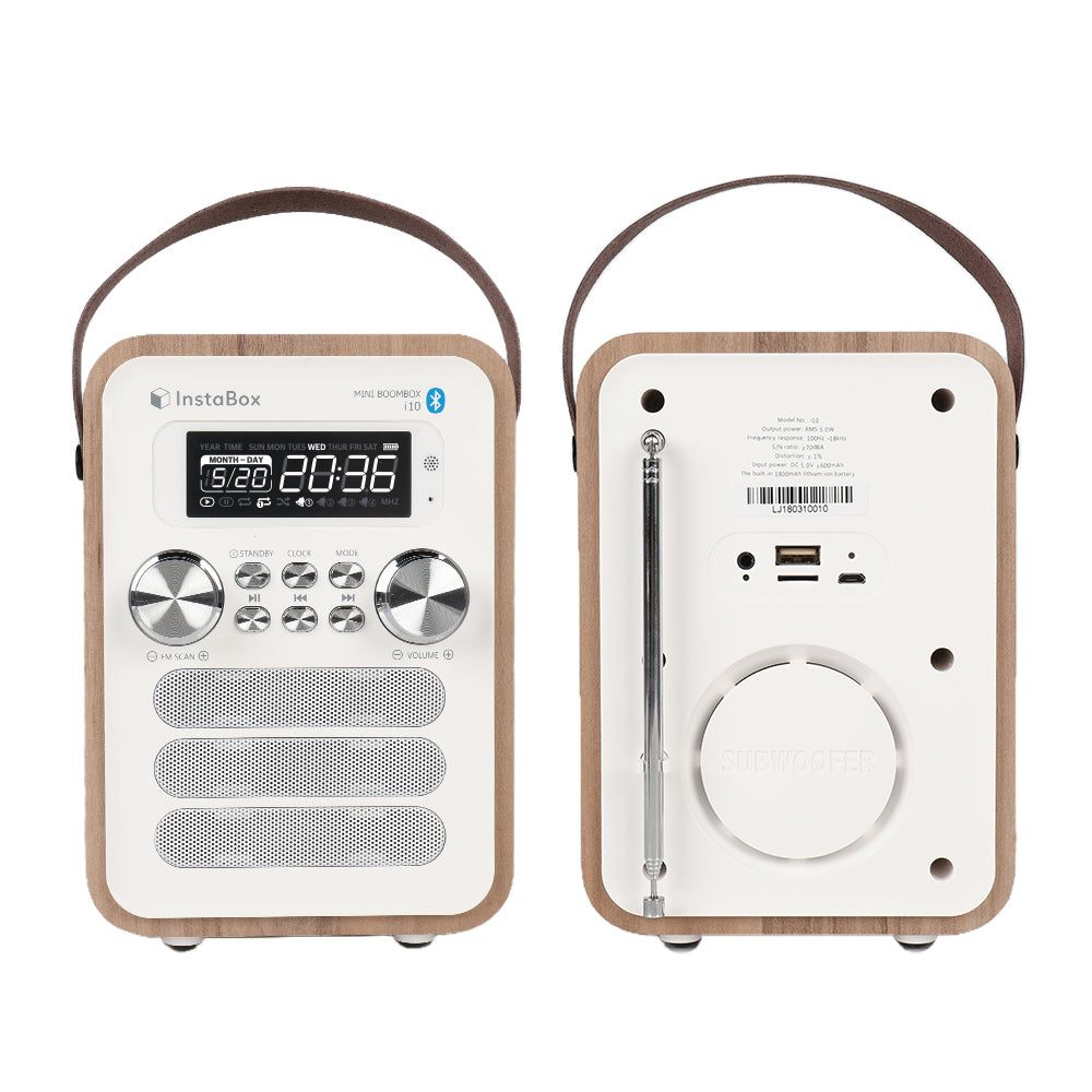 InstaBox i10 Wooden FM Clock Radio & Bluetooth Speaker - Radioddity