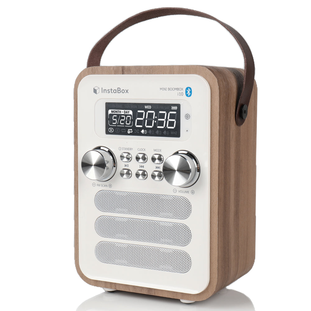 InstaBox i10 Wooden FM Clock Radio & Bluetooth Speaker - Radioddity